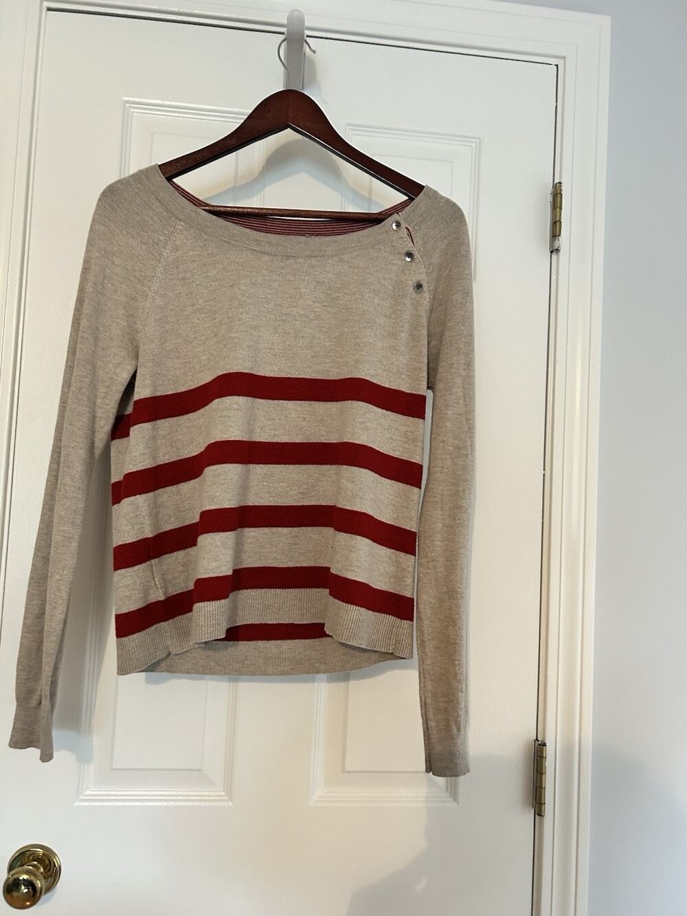 Ann Taylor LOFT Button Shoulder Striped Sweater Women’s Small Beige Red